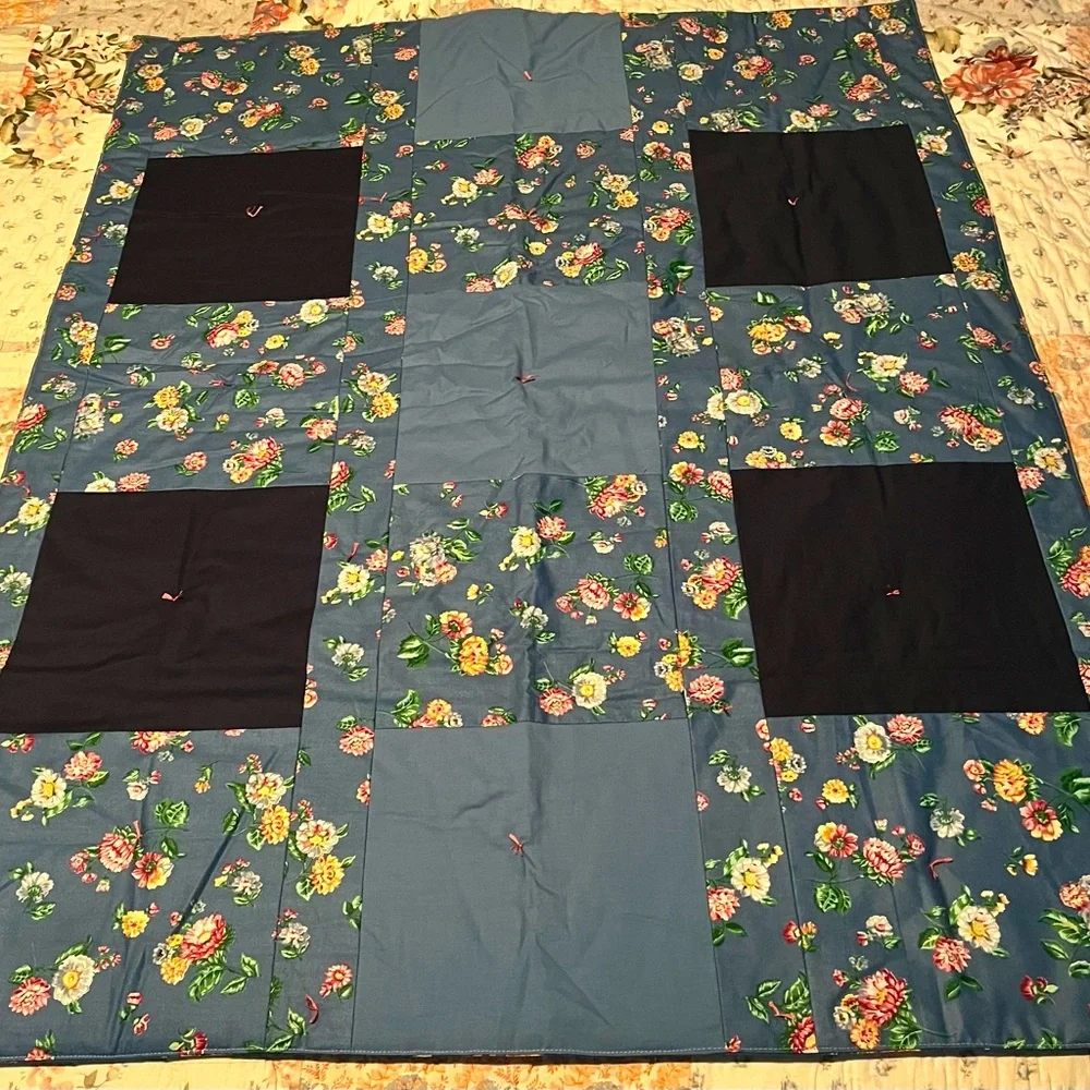Quilted Lap Blanket NEWLY MADE Light Blue Dark Blue Flowers